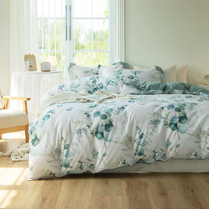 MILDLY Duvet Cover Leaf Pattern- 100% Washed Cotton Eucalyptus Printed Linen Feel Bedding Set Sage Green Comforter Cover with Zipper Closure 4 Ties King Size