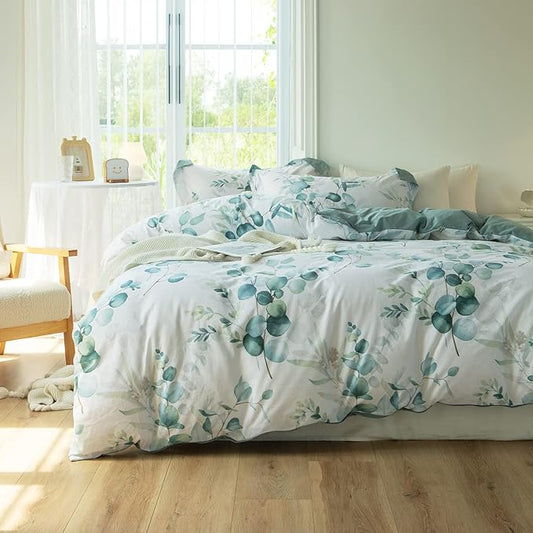 MILDLY Duvet Cover Leaf Pattern - 100% Washed Cotton Eucalyptus Printed Comforter Cover Sage Green Bedding Set with Zipper Closure 4 Ties Full Size