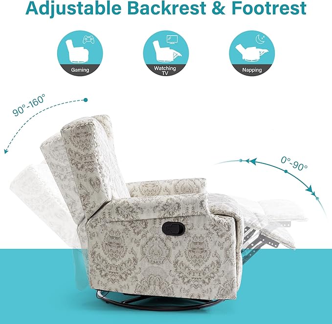 UIXE Swivel Glider Recliner Chair for Adults, High Back Nursery Rocker Living Room Upholstered Armchair in Fabric, Floral Manual Reclining Rivet Trim Single Sofa Reading Seat - Beige