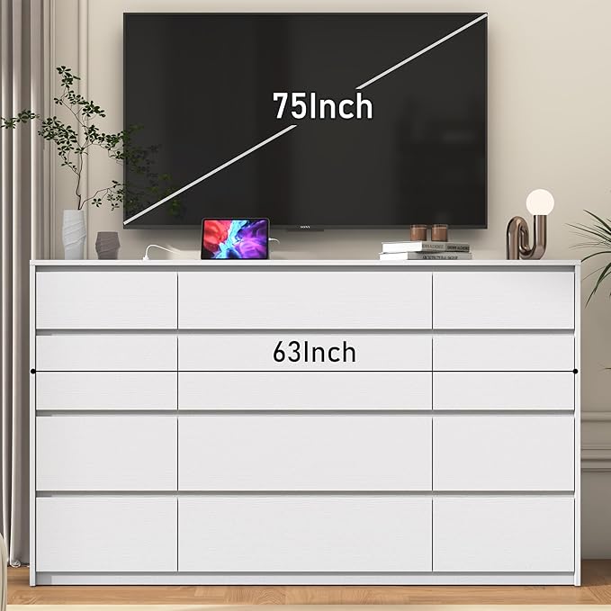 White Malm Dresser for Bedroom, 63" Wide 37" Tall Dresser with 12 Drawers & Charging Station, Modern Large Wood Chest of Drawers Handle Free for Bedroom, Living Room, Entryway, Hallway, White