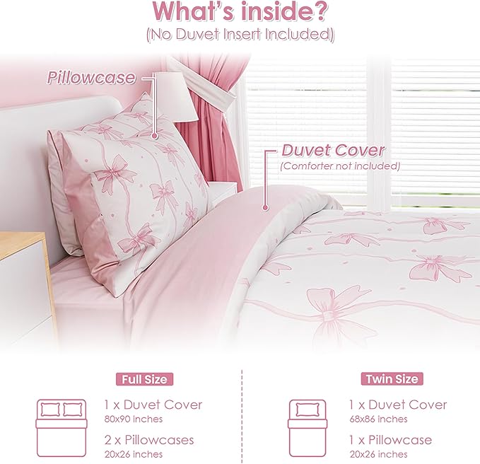 SANDJEST Bow Duvet Cover Sets Twin Size for Kids Girls, Include 1 Polyester Comforter Cover 68x86 Inches and 1 Pillowcase 20x26 Inches, Comforter Not Included, Gift for Christmas Birthday