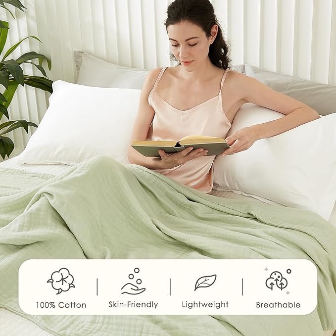 EMME Cotton Muslin Twin XL Blanket Breathable Gauze Blanket Soft Lightweight Blankets Adults Gifts for Women (Mint Green, 66"x90")