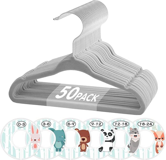 VIS'V Baby Hangers, 11 Inch Velvet Kids Hangers with 6 Pcs Clothes Size Dividers, Infant Toddler Nursery Closet Organization, Non Slip, Gray, 50 Pcs