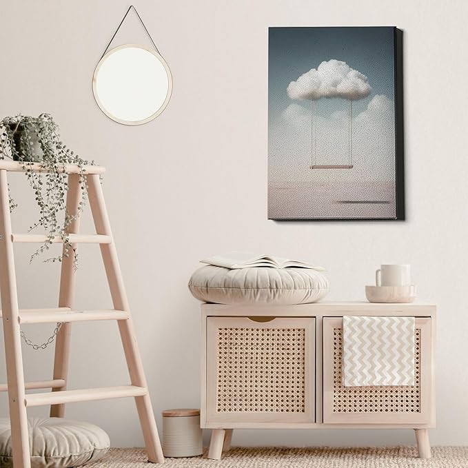 Clouds Wall Art Modern Abstract Prints Modern Clouds Art White Cloud Poster Swing Painting Nature Landscape Prints Cloud Swing Wall Art Blue Sky Poster Minimalism Abstract Picture 16x24inch Framed