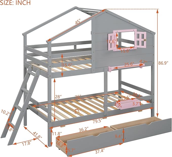 MERITLINE Twin Over Twin House Bunk Bed with Storage Drawers and Storage Box, Solid Wood Bunk Bed with Ladder,Shelf and Roof (Grey)