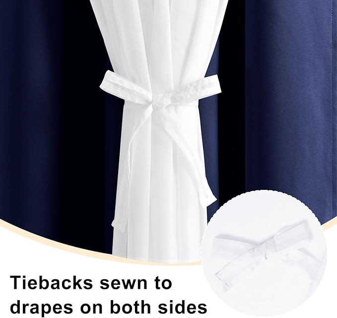 Hiasan Mix & Match Blackout Curtains with Sheer Overlay, Thermal Insulated Privacy Double Layer Room Darkening Window Curtains for Bedroom, Living Room, 2 Panels with Tiebacks, Navy Blue, 52W X 84L