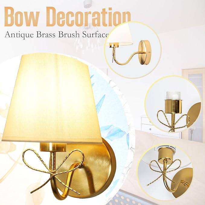 Antique Brass Wall Sconces 1 Pack, Bow Sconces Decor Gold Wall Lights Brass Brushed Gold Sconce with Fabric Shade, E26 110V Hardwired Wall Lamps Indoor for Bedroom, Living Room, Doorway
