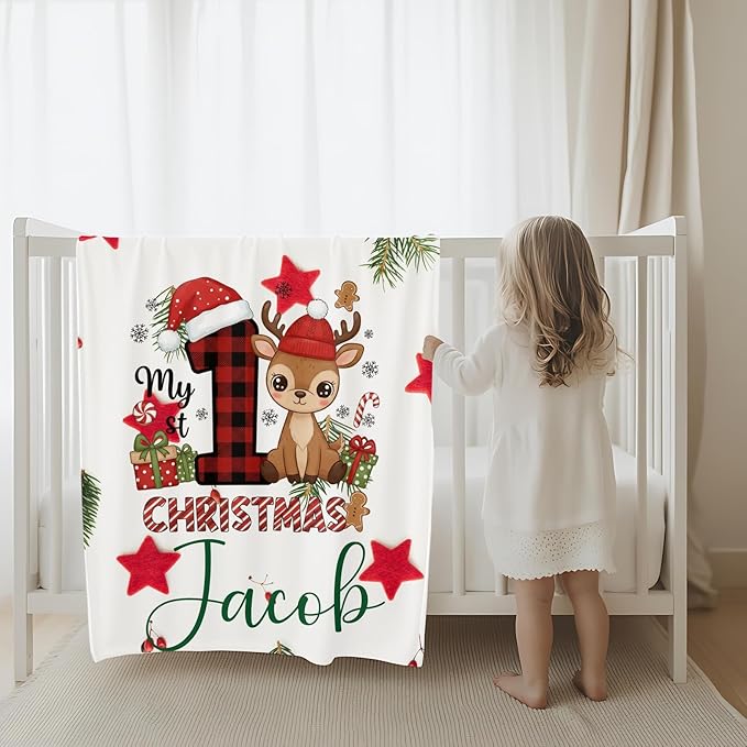 Personalized Baby's First Christmas Blanket, Custom Velveteen Boy Baby Name Christmas Blanket, Soft Fleece Or Sherpa Throw, Baby Shower, Made in USA