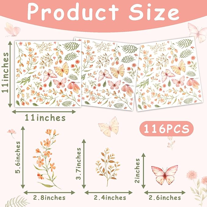 Boho Flower Wall Sticker Small Floral Wall Decals Peel and Stick Wildflower Leaf Sticker Removable Watercolor Girls Room Decal Flower Butterfly Decals for Nursery Baby Room Bedroom Decor
