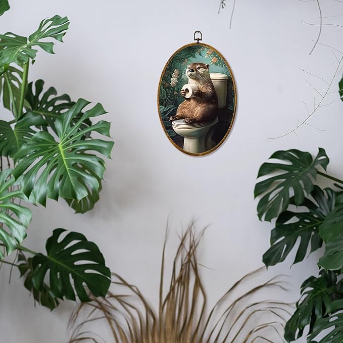 Hiuwevt Otter Toilet Bathroom Oval Wall Art Decor, Funny Floral Sea Otter Framed Canvas Prints, Vintage Green Botanical Animal Oval Wall Hanging Decor for Bathroom Decorations, 8.6x11.4 Inches