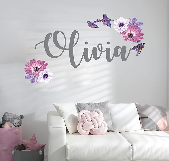 Butterfly Custom Name Wall Decal - Personalized Name Butterfly Decor - Custom Wall Sticker for Girls Rooms - Removable Flower Mural for Nursery Wall decor- Beautiful Floral Design (Wide 10"x7" Height)
