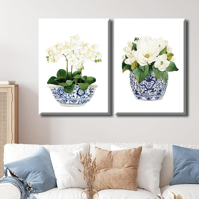 LUHDFYS White Orchid & Magnolia Watercolor Art Canvas Blue And White Chinoiserie Wall Art Print Oriental Vase Blue White Willow Style Porcelain Flower Jar Picture Poster Decor Wrapped Canvas