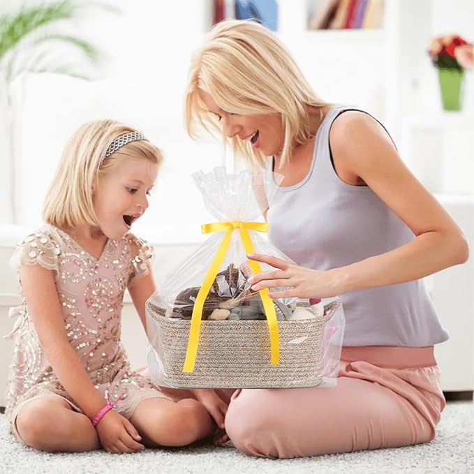 OIAHOMY Woven Basket, Gift Basket Empty with Gift Bags and Ribbons, Rope Baskets for Baby Showers, Storage Baskets with Handles for Nursery, Pet Toy Organizer - Brown