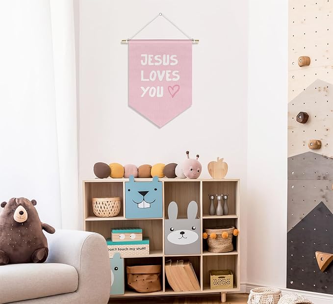 Pink Christian Wall Art for Kids Baby Girl Nursery Classroom Toddler Room Bedroom, Kid Bible Verse Wall Decor Banner Hanging Pennant, Jesus Loves You, 15x11in