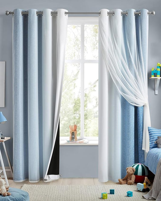 100% Blackout Curtains with Sheer Overlay Mix and Match Double Layer Drapes 90 Inch Long 2 Panels for Bedroom Living Room Blue White Ombre Grommet Window Treatment with Tiebacks