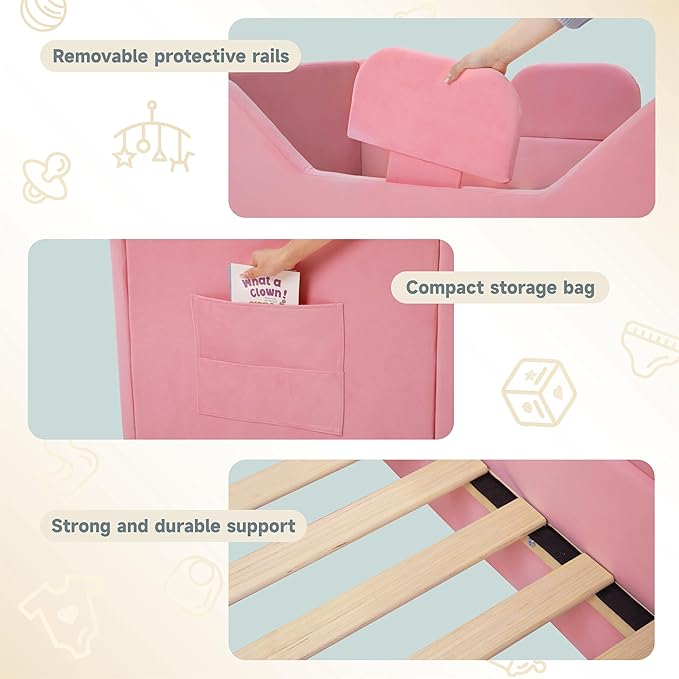 Toddler Bed Frame with 2 Drawer and Storage Bag, Kids Bed with Removable Safety Rails, Standard Crib Size Portable Beds, Safety Upholstered Child Beds for 1-6 Years Old