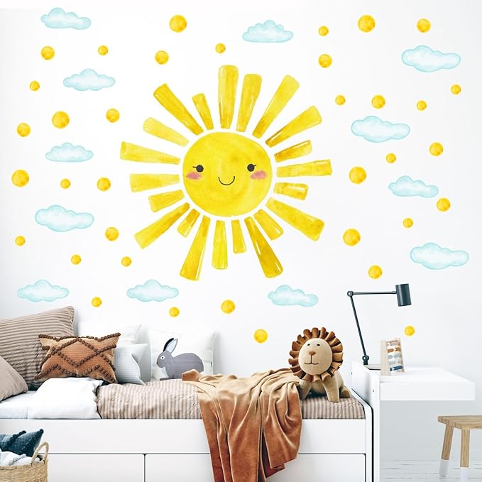 Watercolor Large Sun Wall Decals Cloud Polka Dots Wall Stickers for Kids Room, 12 Sheets Lovely Smile Sun Wall Decor Stickers Peel and Stick Wall Decorations Stickers for Bedroom Nursery