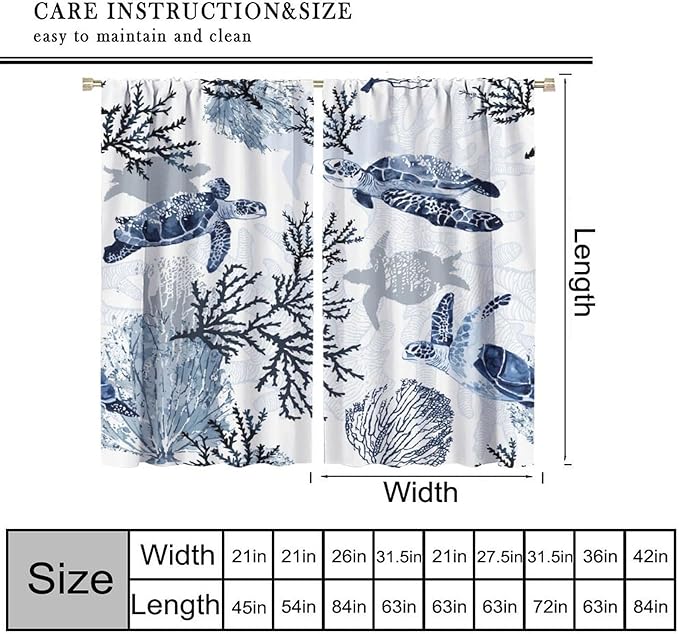 Coastal Nautical Curtains, Turtle Beach Sea Seashell Theme Pattern Blackout Print Home Bedroom Living Room Window Treatmen 2 Panel Set 55x63 Inch