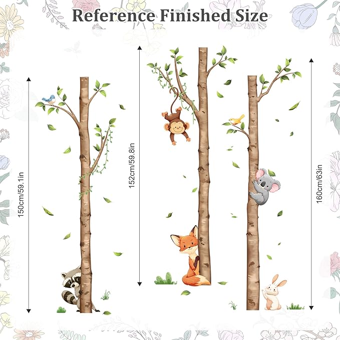 Large Birch Tree and Jungle Animals Wall Decals, Cartoon Fox Money Loala Raccoon Wall Stickers Peel and Stick Wall Decal Waterproof Wall Art Sticker for Baby Nursery Kids Room Home Decor (H: 63 in)