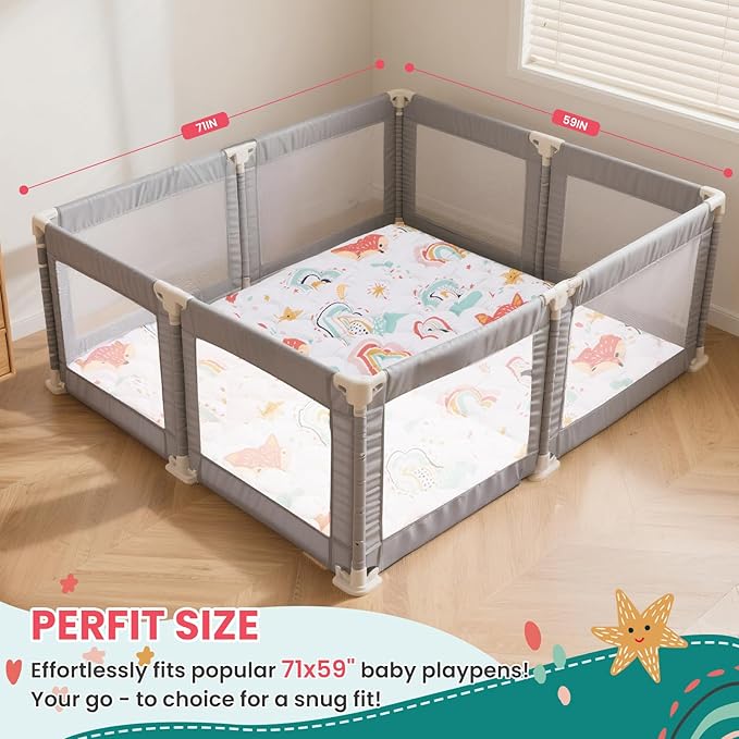 Baby Play Mat for Floor,71x59 Inch Soft Padding Crawling Mat for Playpen, Foldable and Machine Washable, Thick for Babies & Toddlers,Rainbow Fox