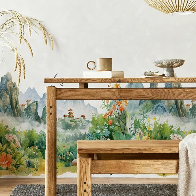 Runtoo Mountain Wall Art Decals Forest Woodland Tree Flowers Peel and Stick Wall Stickers Living Room Bedroom Nursery Home Decor
