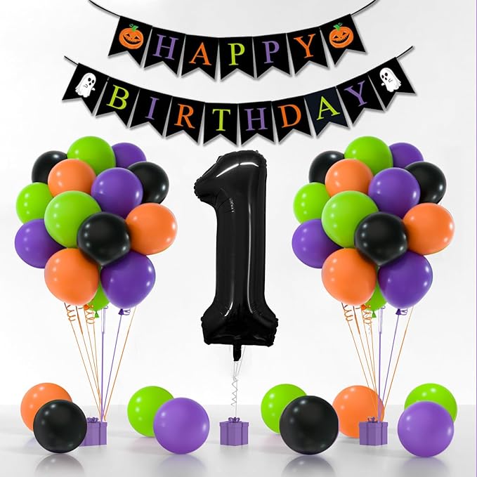 Halloween Decorations for Boys/Girls - Black, Orange, Purple, Green Balloons (40" & 1" Sizes) with Spooky Birthday Banner