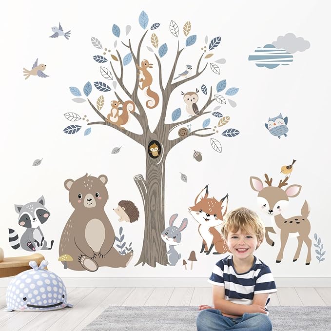 decalmile Boho Forest Animal Tree Wall Decals Bear Deer Fox Woodland Wall Stickers Baby Nursery Kids Bedroom Daycare Wall Decor