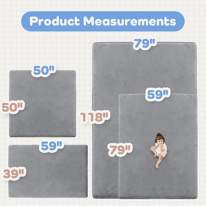 1.5" Thick Baby Play Mat for Floor, 50x50 Playpen Mat, Pro Soft Flannel Foam Mats Toddler Infant Kids Crawling for Nursery Rug Playroom Living Room Waterproof Easy Care Non-Slip (Dark Grey)