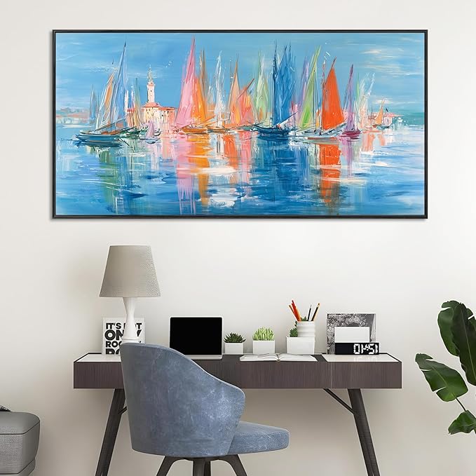 Large Framed Nautical Wall Art, Living Room Modern Coastal Wall Decor, Abstract Sailboats Seascape Paintings, Canvas Prints, Colorful Venice Coastal Scene Seaside Bedroom Bathroom Artwork, 28x58inch
