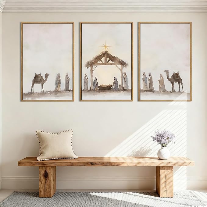 Anyzal Large Nativity Wall Art Christian Jesus Artwork Framed Christian Religious Painting for Living Room Bedroom Dining Room 24x36 Inch Set of 3