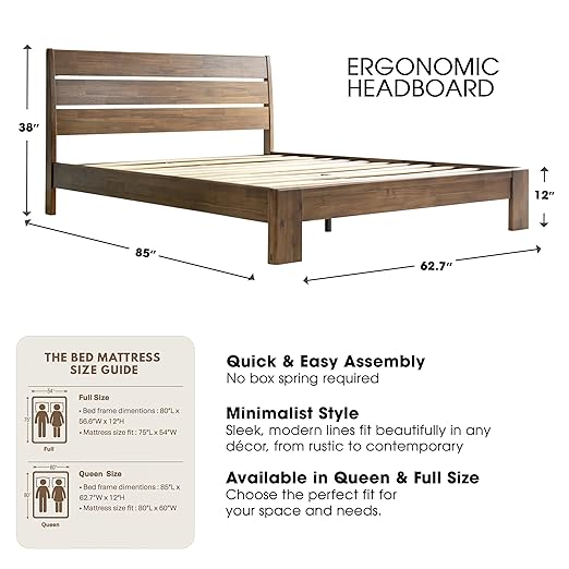 Queen Size Bed Frame with Headboard & Footboard Solid Wood Platform Bed, Central Metal Legs, 12 Sturdy Slatted Base, Easy Assembly, No Box Spring Needed, Anti-Noise & Slip-Free, Walnut Finish, QIQ-37