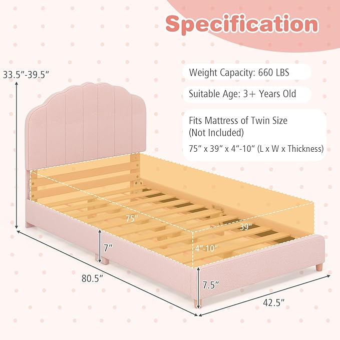 Costzon Twin Bed Frames with Adjustable Headboard, 660 LBS Weight Capacity Upholstered Wooden Kids Bed w/Slats Support, No Box Spring Needed, Easy Assembly, Twin Platform Bed Frame (Pink Shell)