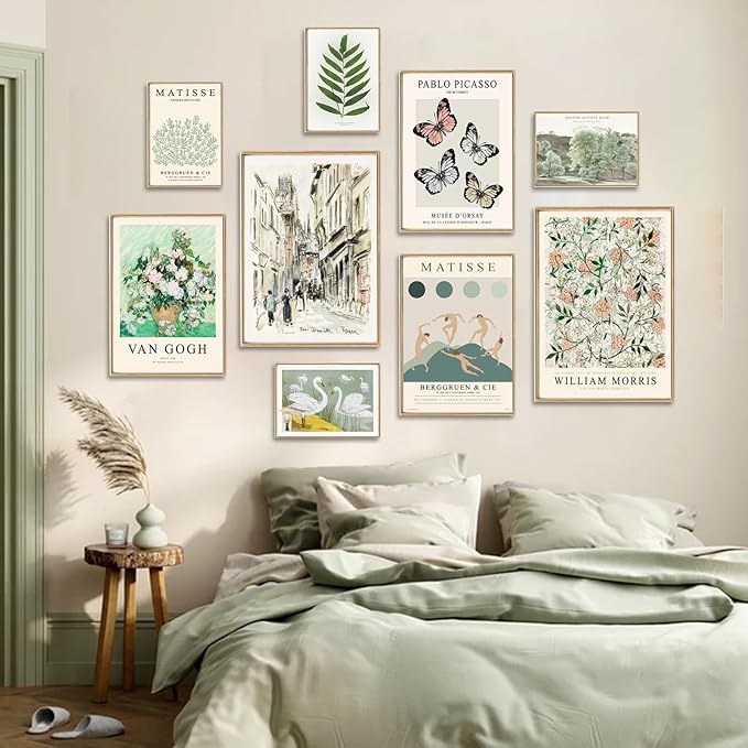 uniro Sage Green Eclectic Wall Art Prints, 9 Pcs Matisse Wall Art Exhibition Posters for Room Aesthetic, Van Gogh William Morris Matisse Picasso Green Eclectic Gallery Wall Decor, Maximalist Canvas