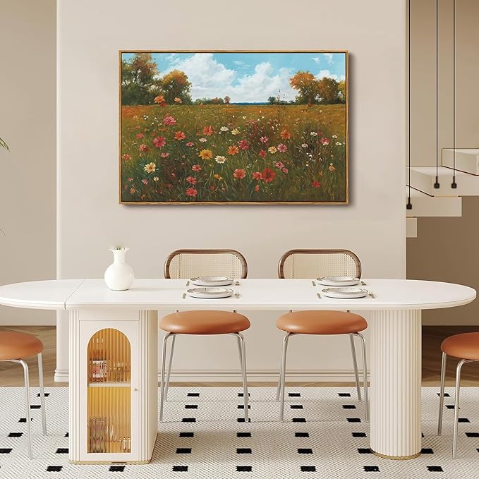 OIQArtOIQ Vintage Landscape Framed Wall Art Fall Countryside Colorful Wildflower Field Canvas Art Prints Farmhouse Cottagecore Pictures Wall Decor Rustic Meadow Paintings Artwork For Kitchen Bedroom