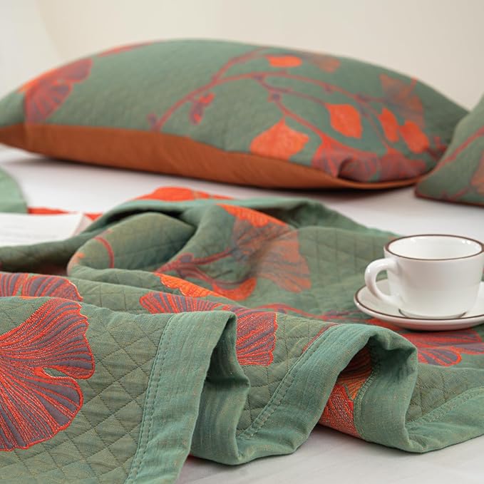 100% Cotton Muslin Blanket Jacquard Green Orange Floral Ginkgo Leaves Quilt, Soft Bed Cover Lightweight Breathable Gauzy Reversible Bedspread Coverlet Twin(59"x94"), No Pillow Sham