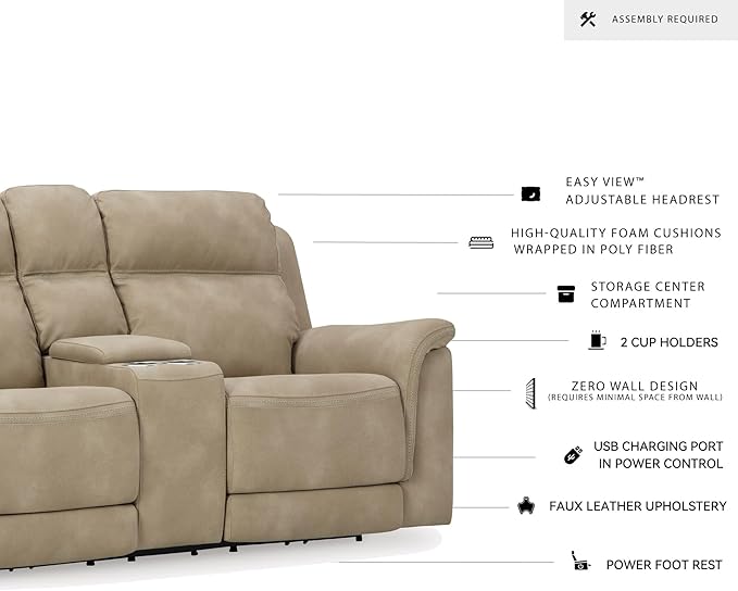 Signature Design by Ashley Next-Gen DuraPella Power Reclining Loveseat with Center Console and Adjustable Headrest, Beige