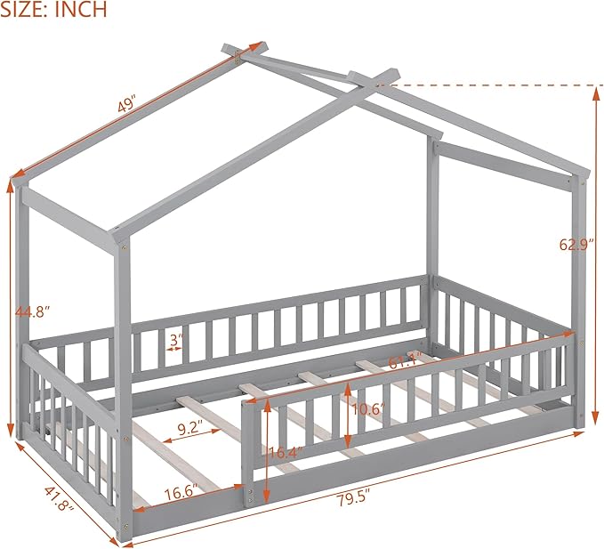 Merax Twin Size Wooden House Bed with Fence, Wood Bed Frame with Roof and Safety Guardrail for Kids, Teens, Boys or Girls, Gray