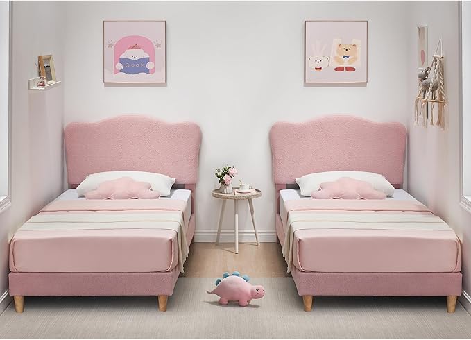 GarveeHome Upholstered Twin Size Bed Frame for Kids with Scallop Headboard, Cute Velvet Twin Bed for Girls, Boys, Sturdy Platform Bed, No Box Spring Needed, Wooden Slats, Noise Free, Pink