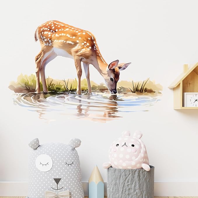 Sika Deer Drinking Water Wall Decal Nursery Woodland Animal Wall Sticker Removable Peel and Stick Wall Art Decor for Kid Baby Classroom Preschool Living Room Playroom Bedroom School