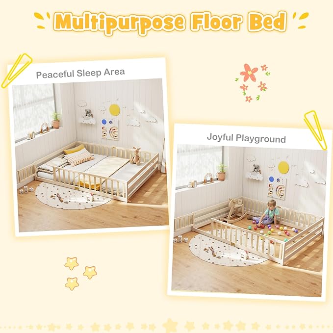 KOMFOTT Queen Size Wood Floor Bed with Door & Fence, Montessori Bed Frame with Full Length Safety Guardrails, Door & Latch, Wooden Montessori Floor Bed for Kids, Girls, Boys (Queen,Natural)