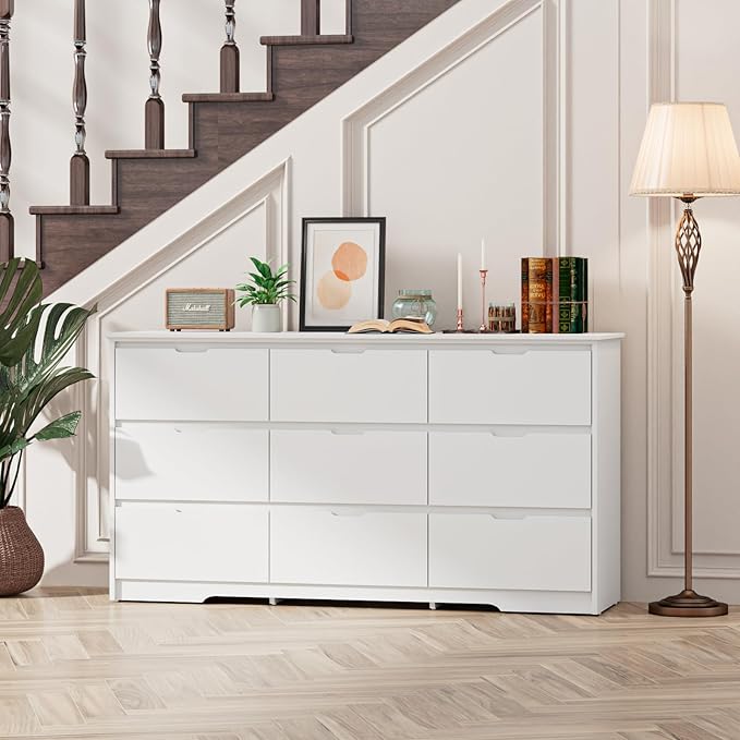 CARPETNAL 9 Drawer White Dresser for Bedroom with Deep Drawers, Large Dressers & Chest of Drawers Handle Free, Modern Long Dressers for Closet Bedroom, Living Room (59.25" W x 15.9" D x 31.9" H)