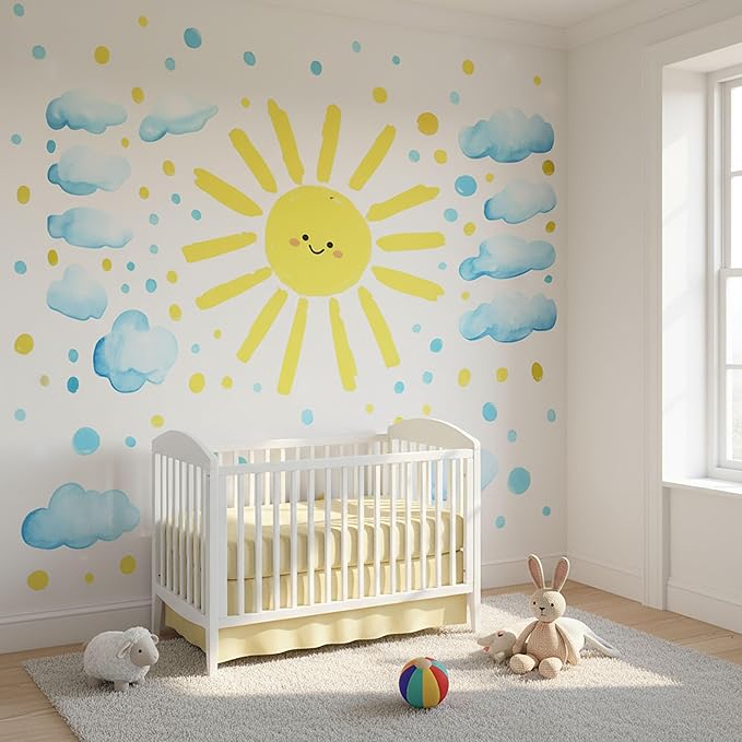Large Watercolor Sun Cloud Wall Stickers Decals, Vibrant Easy Peel Stick Lovely Smile Face Design for Nursery Classroom Kids Room Playroom Toddler Church Daycare Decor