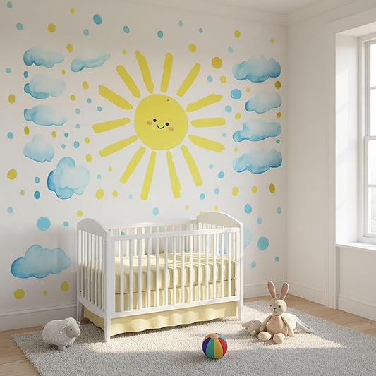 Large Watercolor Sun Cloud Wall Stickers Decals, Vibrant Easy Peel Stick Lovely Smile Face Design for Nursery Classroom Kids Room Playroom Toddler Church Daycare Decor