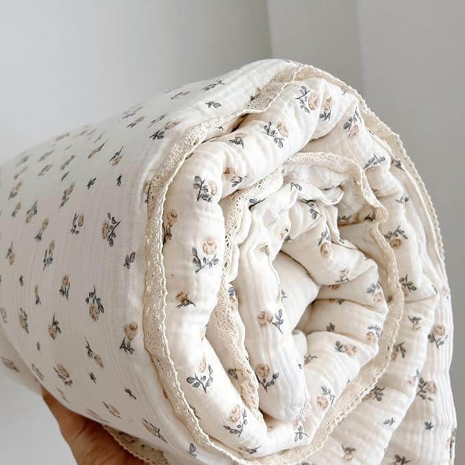 BuLuTu Muslin Cotton Kids Bed Blankets Rose Floral Pattern, 60x78 Inches, Lightweight Children Comforter Toddler Girls Quilts for Twin Bed, Soft Breathable, Machine Washable