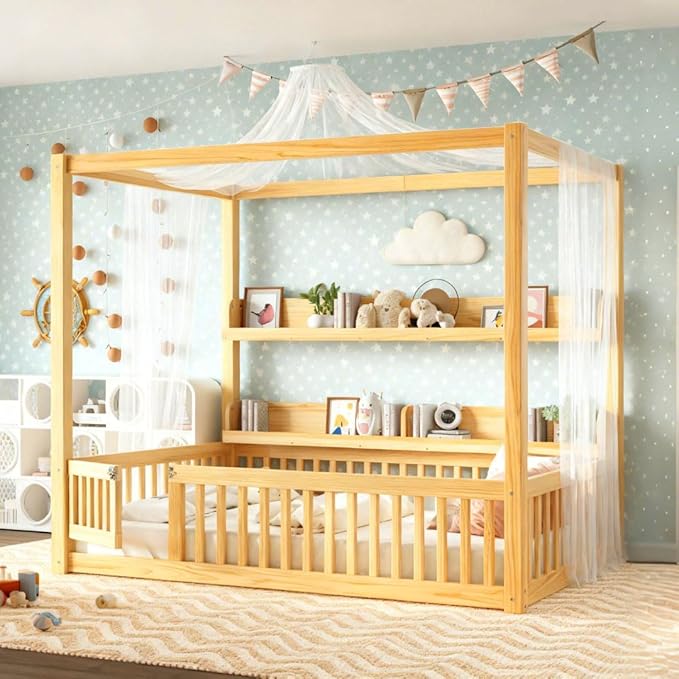 Bellemave Toddlers Full Size Canopy Bed with Fence and Door, Floor Bed with Storage Shelves and 4 Poster Design,Wood Montessori Bed Frame for Kids, Boys,Girls,Space Saving,Easy Assemble（Full,Natural）