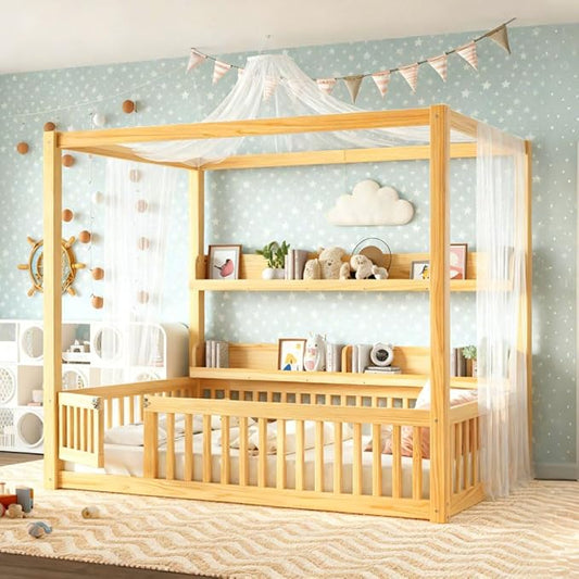 Bellemave Toddlers Full Size Canopy Bed with Fence and Door, Floor Bed with Storage Shelves and 4 Poster Design,Wood Montessori Bed Frame for Kids, Boys,Girls,Space Saving,Easy Assemble（Full,Natural）