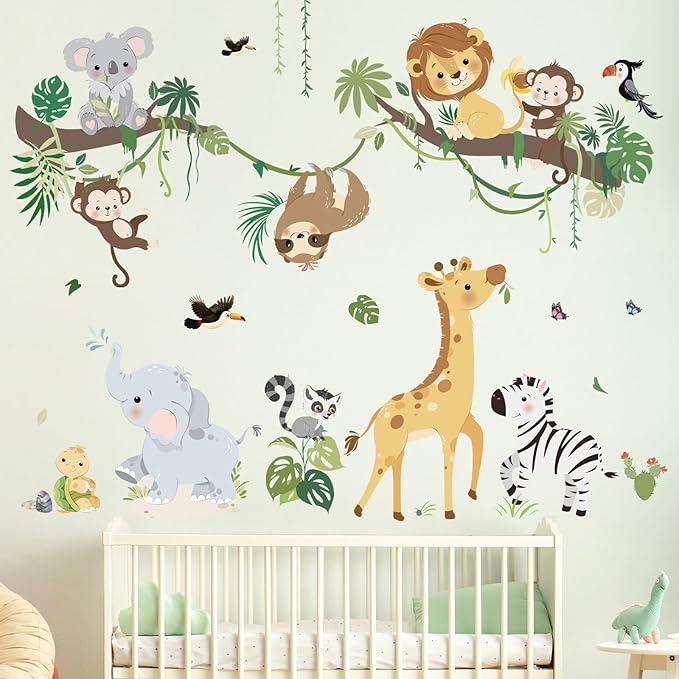 decalmile Jungle Animals Tree Branch Wall Decals Safari Monkey Giraffe Lion Wall Stickers Baby Nursery Kids Room Daycare Wall Decor