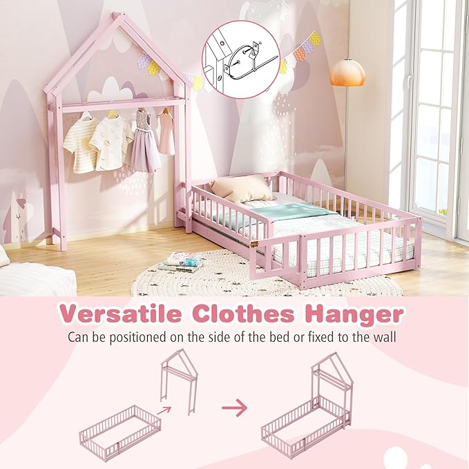 MAT EXPERT Twin Floor Bed with House-Shaped Headboard, Montessori Kids Bed with Detachable Clothes Hanger, Full Length Safety Guardrails, Solid Wood Twin Bed Frames for Kids (Pink)