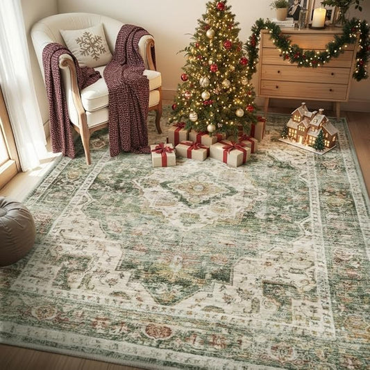 AMOAMI-4X6 Area Rugs for Living Room -Soft Vintage Bedroom Rugs-Non Slip Washable Rug-Throw for Living Room Bedroom Bedside Dining Room Office Green