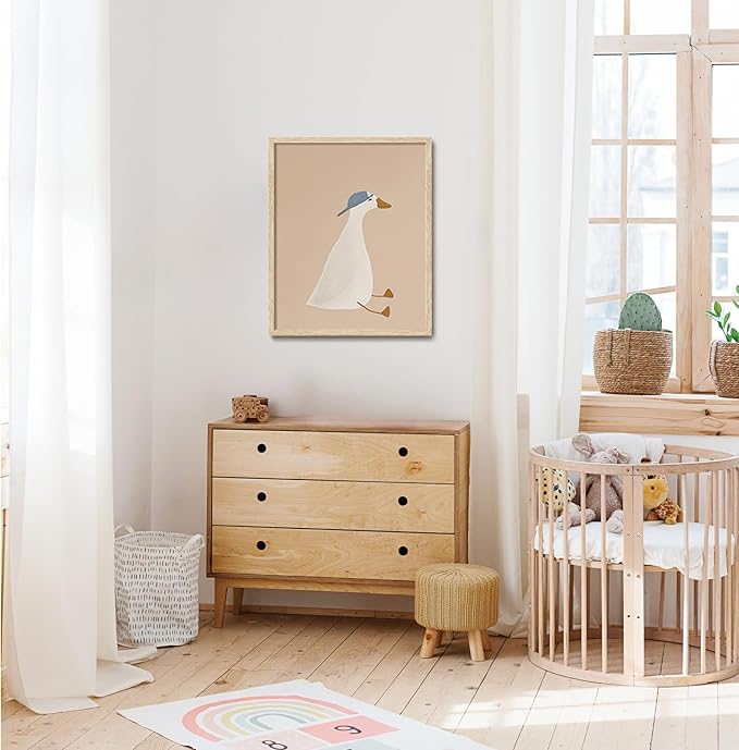 KISSFOX Framed Wall Art Nursery Wall Decor Cowboy Duck Pictures Kids Cute Animal Canvas Art Beige Boho Paintings Artwork For Children Boys Girls Room